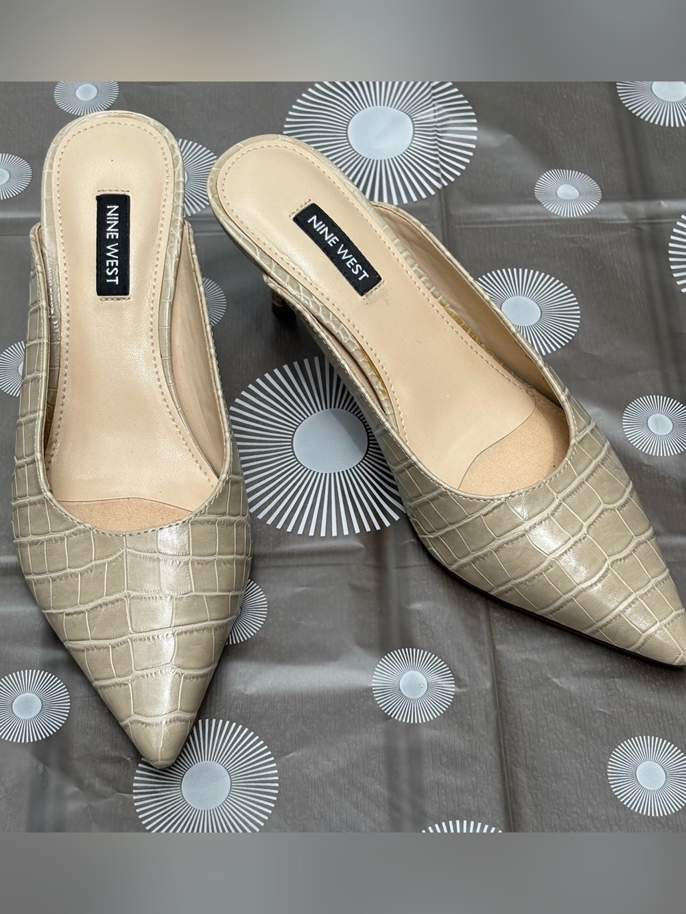 Nine West Taupe Croc-Embossed Angle Pointed Toe Slip-On Heeled Mules - Picture 10 of 16
